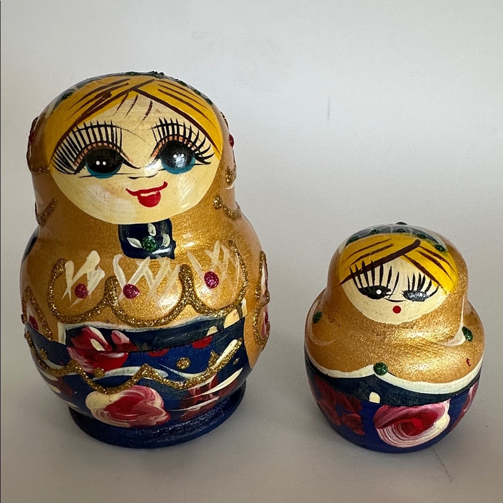 🇷🇺 Russian Hand-Painted Gold & Blue Matryoshka Nesting Dolls 🪆 Set of two